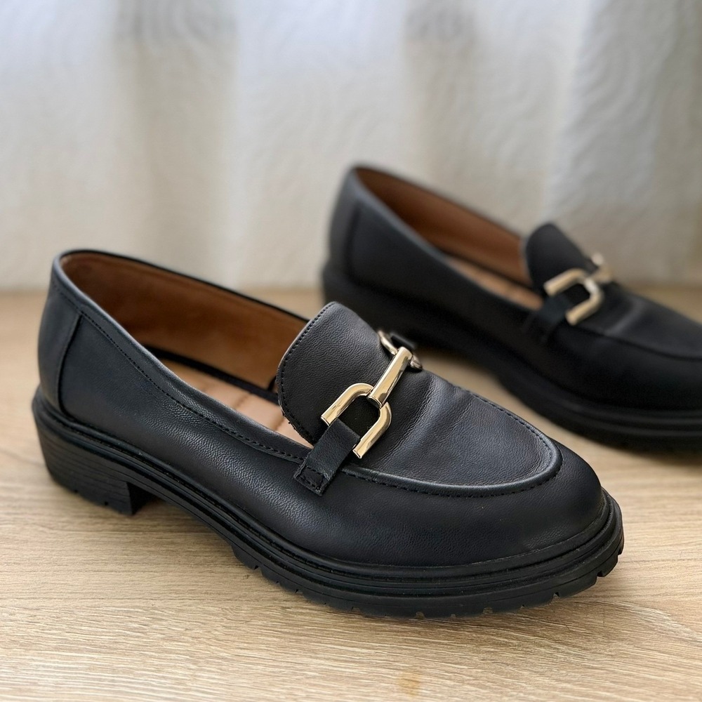Rachel Zoe Mila Black Lug Sole Loafers Gold Horsebit Detail Womens 9M Slip On